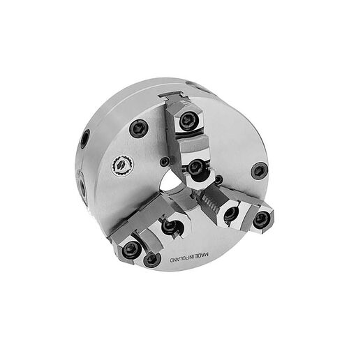 8" 3-Jaw Fine Adjustment Precision Steel Body Scroll Chuck With 2pc Hard Reversible Jaws (Set) product photo Front View L