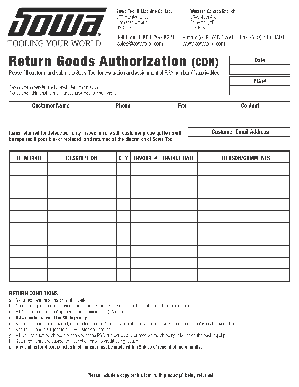 Return Goods Form (RGA)