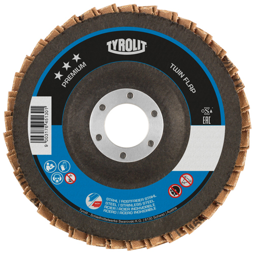 5" Diameter x 7/8" Hole Type 27 ZA/CA60 BlueRed Twin Flap Plastic Backed Premium Flap Disc product photo Front View L