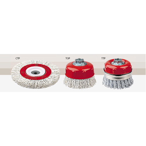 4" Diameter x 5/8"-11 Arbor, 0.008" & 0.014" Steel Cable Crimped Nylon Coated Cup Brush product photo Front View L